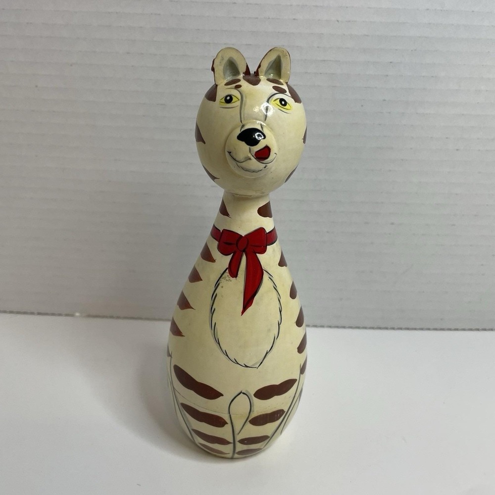 Cat Nesting Dolls Style Animal 5 Doll Set Wood Cat Kitten Kitty Yellow 7" Mouse - Picture 2 of 9